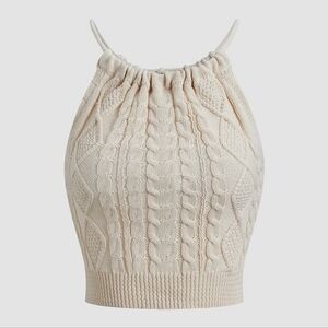Drawstring Open Back Cable Knit Halter Crop Top - Apricot